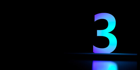 Blue purple number 3, three on a black background with copy space. 3D render.