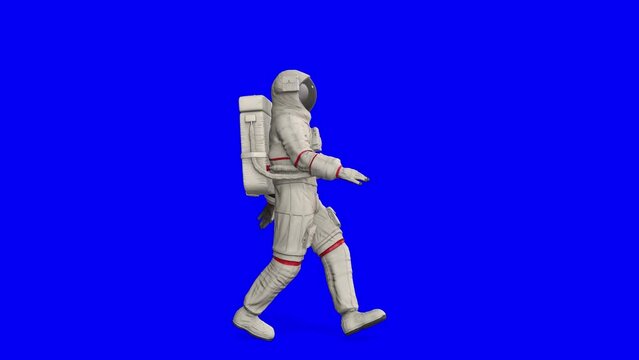 astronaut is walking in three ways on blue chroma key background with copy space