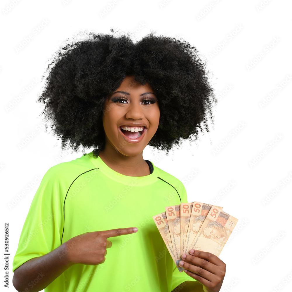 Wall mural woman holding money, smiling young woman holding brazilian money