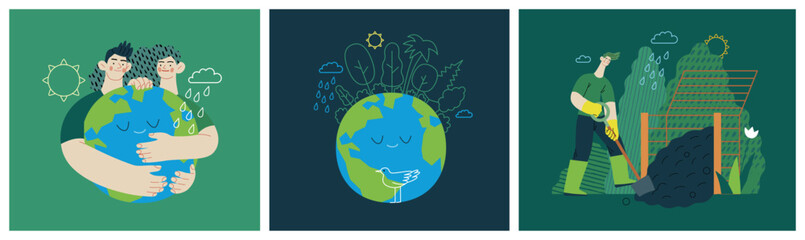 Ecology - Modern flat vector concept illustration on green positive thinking. Waste sorting, Recycling, Green energy, Save the planet, bio farming. Creative landing web page illustrations set