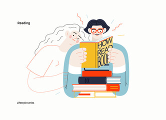 Lifestyle series - Reading - modern flat vector illustration of a man and a woman reading the books. People activities concept