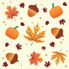 Autumn seamless pattern background with pumpkins and leaves Vector
