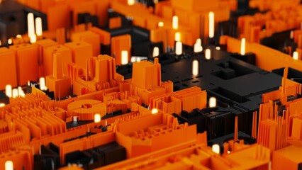 Obraz premium Black-orange futuristic circuit technology with orange LED point light. Concept 3D CG of hi-tech digital data connection system, computer electronic design and Sci-Fi Landscape.