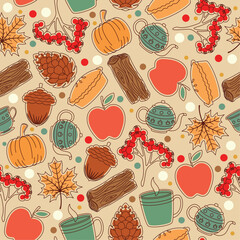 Fototapeta premium Autumn seamless pattern background with seasonal food and drinks sticker Vector