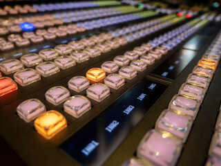 Concept Idea: Professional broadcast video mixer in tv studio as background