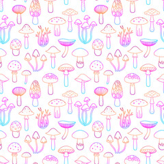 Seamless pattern colorful outline mushrooms, retro hippie style background. For vintage fabric, textile, wallpaper, wrapping paper