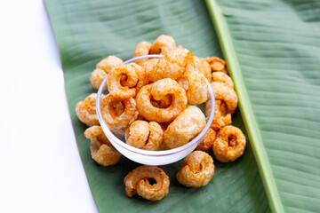 Crispy pork rinds or pork snack.