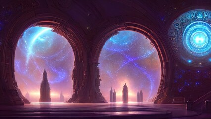 Fantasy galactic majestic portal, neon. An abstract passage, a door to an unreal world. Round stone arches. 3D illustration