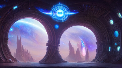 Fantasy galactic majestic portal, neon. An abstract passage, a door to an unreal world. Round stone arches. 3D illustration