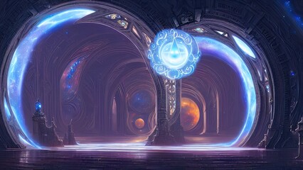 Portail majestueux galactique fantastique, néon. Un passage abstrait, une porte vers un monde irréel. Arches rondes en pierre. Illustration 3D