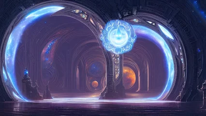 Foto auf Acrylglas Fantasy galaktische majestätisches Portal, Neon. Ein abstrakter Durchgang, eine Tür zu einer unwirklichen Welt. Runde Steinbögen. 3D-Darstellung © MiaStendal