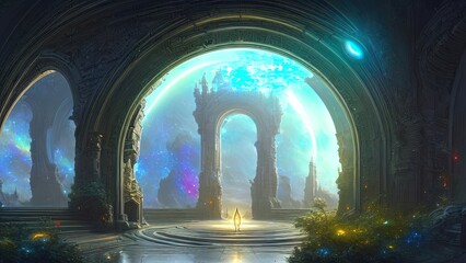 Fantasy galactic majestic portal, neon. An abstract passage, a door to an unreal world. Round stone arches. 3D illustration © MiaStendal