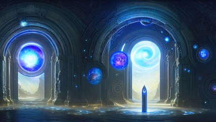 Fantasy galactic majestic portal, neon. An abstract passage, a door to an unreal world. Round stone arches. 3D illustration