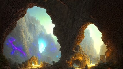 Naklejka premium Fantasy galactic majestic portal, neon. An abstract passage, a door to an unreal world. Round stone arches. 3D illustration