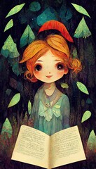 Childrens book illustration style of a young girl reading a story book in a fairy tale land © Rick