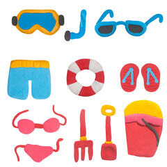 Set of object summer travel swimming  beach on white