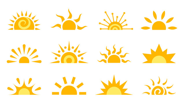 Half Sun Flat Icon Set. Logo Sunrise Sunset Isolated On White. Various Yellow Sunshine Star. Cartoon Summer Sunlight Nature Sky. Simple Graphic Solar Circle Sign. Sunny Heat Rays Weather App Symbol