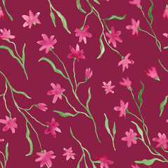 Little  flowers watercolor painting - hand drawn seamless pattern on dark pink background