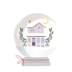 Świąteczna szklana kula z małym domkiem i zielonymi gałązkami. Zimowa sceneria - domek pokryty śniegiem, spadające płatki śniegu, nocne niebo i księżyc. - obrazy, fototapety, plakaty