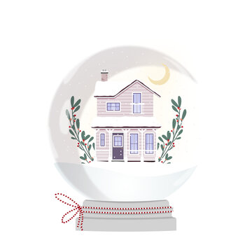 Świąteczna szklana kula z małym domkiem i zielonymi gałązkami. Zimowa sceneria - domek pokryty śniegiem, spadające płatki śniegu, nocne niebo i księżyc.