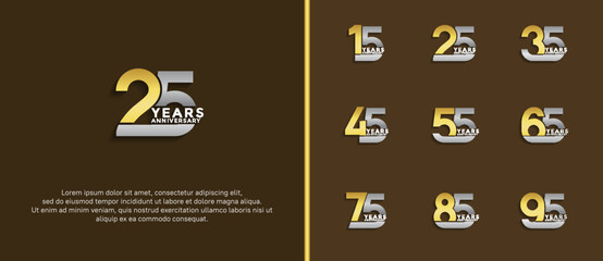 set of anniversary logotype gold and silver color on dark brown background for celebration moment