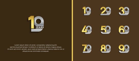 set of anniversary logotype gold and silver color on dark brown background for celebration moment