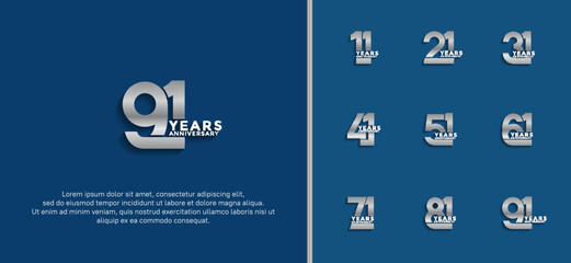 set of anniversary logotype silver color on blue background for celebration moment