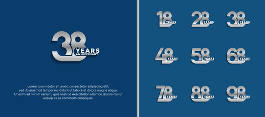 set of anniversary logotype silver color on blue background for celebration moment