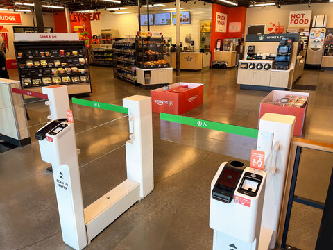 Entrance to Amazon Go store. Shop of the future. Everett, WA, USA - August 2022