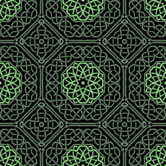 Celtic elegant green seamless pattern. Tribal ethnic traditional vector background. Colorful intricate line art beautiful pattern. Braided repeat lines ornament. Ornate patterned modern design