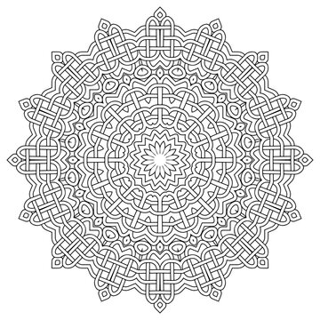 Celtic braided mandala. Round intricate line art pattern. Tribal ethnic traditional vector background. Fractal black and white circle pattern. Braided floral isolated lines ornaments. Coloring book