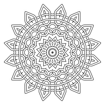 Celtic braided mandala. Round intricate line art pattern. Tribal ethnic traditional vector background. Fractal black and white circle pattern. Braided floral isolated lines ornaments. Coloring book