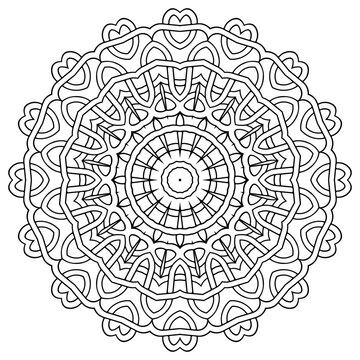 Celtic braided mandala. Round intricate line art pattern. Tribal ethnic traditional vector background. Celtic black and white circle pattern. Braided floral isolated lines ornaments. Coloring book