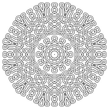 Celtic braided mandala. Round ornamental line art pattern. Tribal ethnic traditional vector background. Celtic black and white circle pattern. Braided floral isolated lines ornaments. Coloring book