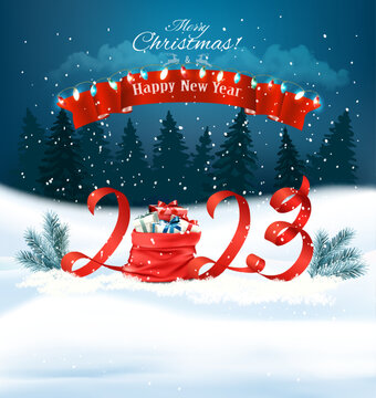 2023 Happy New Year and Merry Christmas holiday background with gift boxes and colorful garland. Vector.