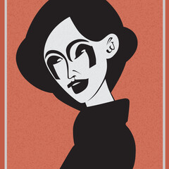 A vector illustration of a cartoon woman with wavy hair and darkened eyes, with goth makeup, 1-to-1 square aspect ratio