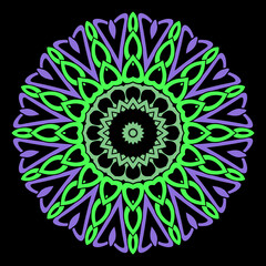 Flower mandala. Round line art floral pattern. Tribal ethnic beautiful vector background. Fractal colorful circle pattern. Floral ornament in violet green colors. Ornate patterned mandala design