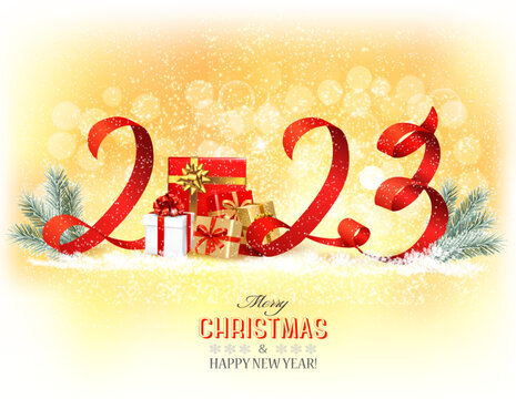 Happy New Year and Christmas holiday background with a 2023 and gift boxes and ribbons. Vector.