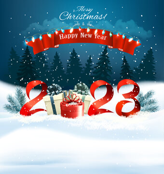 2023 Happy New Year and Merry Christmas holiday background with gift boxes and colorful garland. Vector.