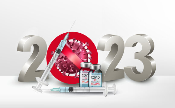 Happy New Year 2023 number with Stop Covid-19 Symbol with syringe and bottle with a vaccine. Vector