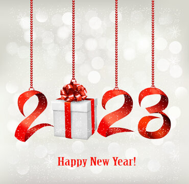 2023 New Year background with gift box and red ribbons. Vector.