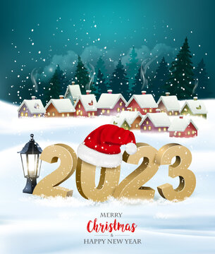 Holiday Christmas background with a red sack full presents and  2023. Vector.