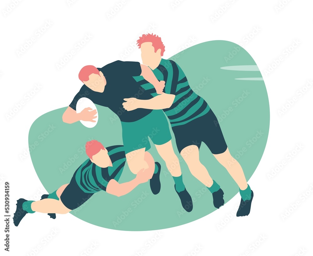 Wall mural rugby players tackling and fighting for the ball on the field