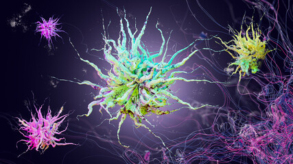 Multicolored virus, 3d Render. Virus, microbes, spores or bacteria under a microscope. Underwater organisms - obrazy, fototapety, plakaty