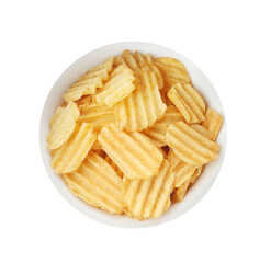 Bowl of tasty ridged potato chips on white background, top view