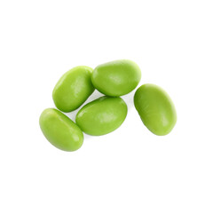 Fresh green edamame soybeans on white background, top view