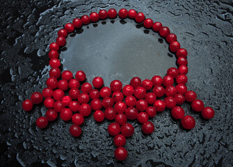 red viburnum berries laid out in the form of Ukrainian national decoration pectoral necklace on a black background