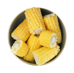 Dark bowl with corncobs on white background, top view