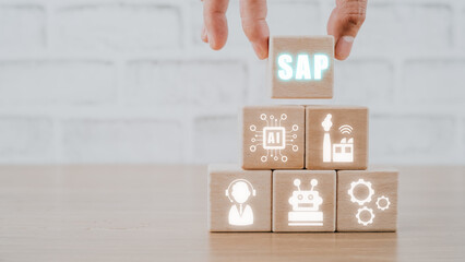 SAP - Business process automation software and management software (SAP), Wooden block with VR...