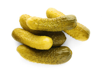 Pile of tasty pickled cucumbers on white background, top view
